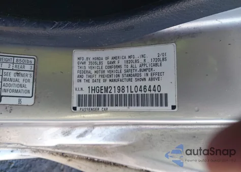 2001 Honda Civic Ex z USA, uszkodzony, nr VIN 1HGEM21981L046440